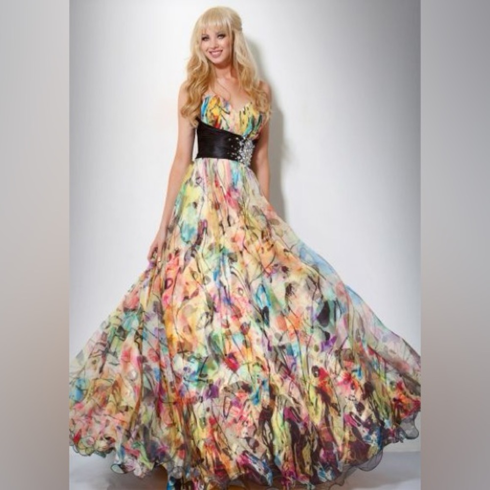 JOVANI COLORFUL ABSTRACT PRINT EVENING DRESS - 7483